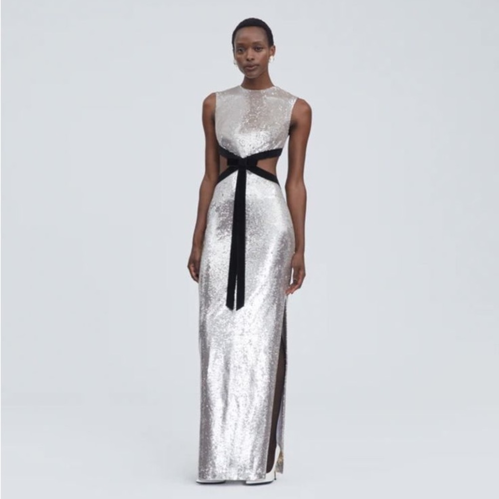 LBV Silver Sequin Gown with Velvet Bow - Perfect Prom Dress